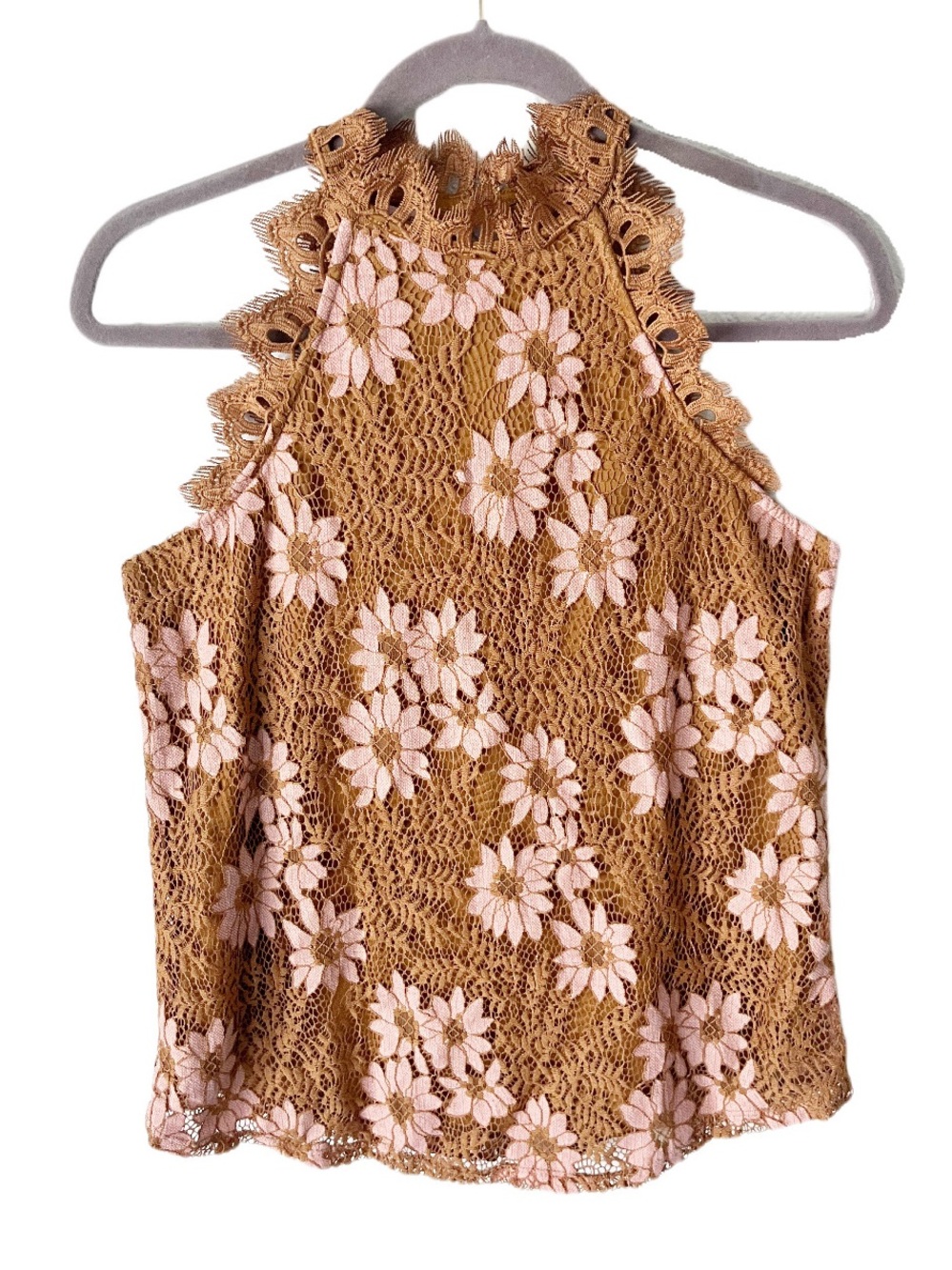Lace Floral Festival Tank Top Size Small High Neck Hippie Bohemian Boho 70s